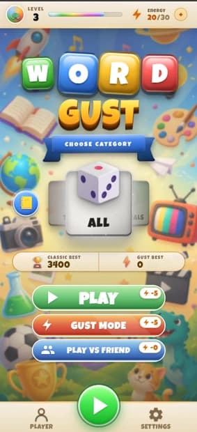 Wordgust mobile home screen